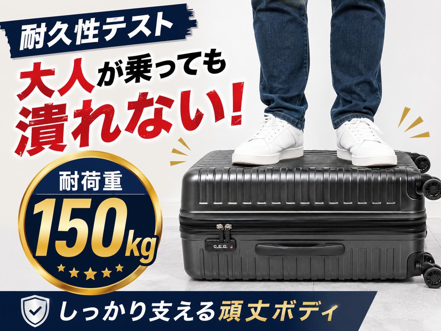 AIで作成したスーツケースの商品画像。耐久性テストとして人が上に乗り、耐荷重150kgを大きく訴求したレイアウト